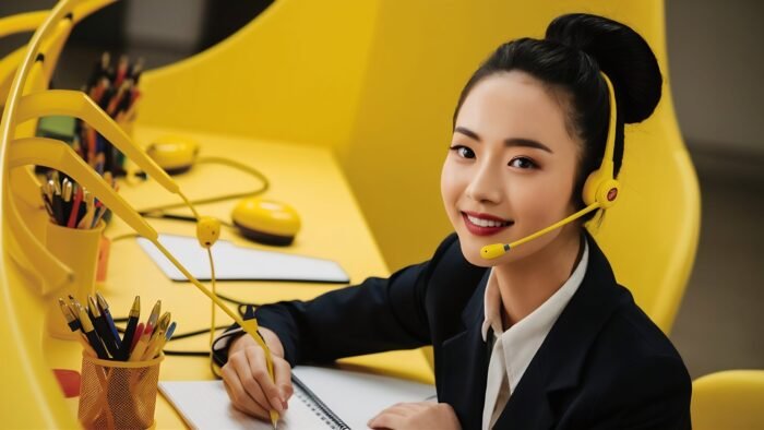 Ar dirbti su Kinijos prekybos agentais vis dar apsimoka 2025 metais? portrait beautiful young asian woman with call center customer care service center yellow scaled e1752588473403
